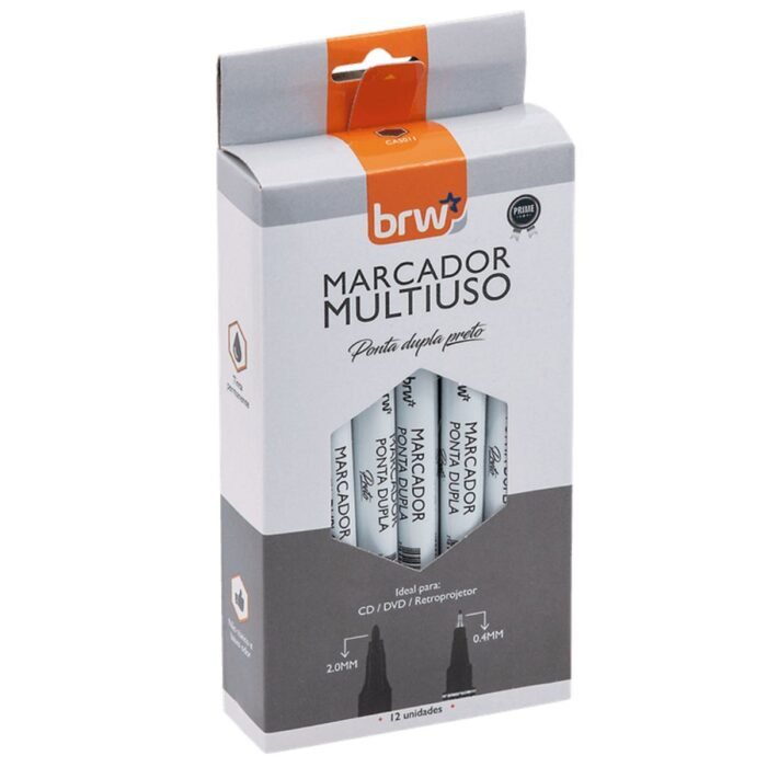 CANETA MARCADOR MULTIUSO CD/DVD RETROPROJETOR PONTA DUPLA PERMANENTE PRETO CX 12 UNIDADES - BRW