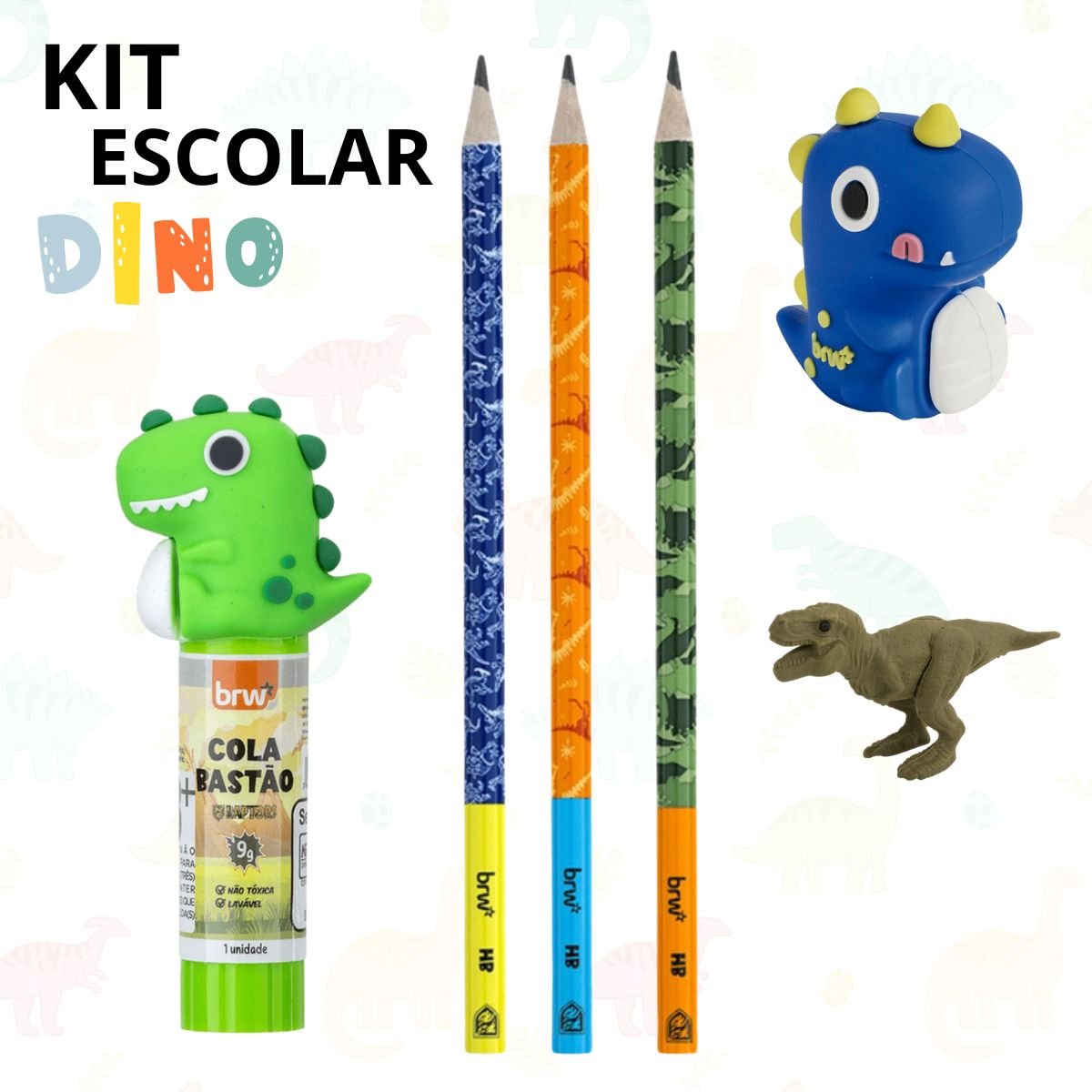 KIT ESCOLAR 6 PEÇAS TEMATICO DINOSSAURO LAPIS BORRACHA COLA E APONTADOR - BRW