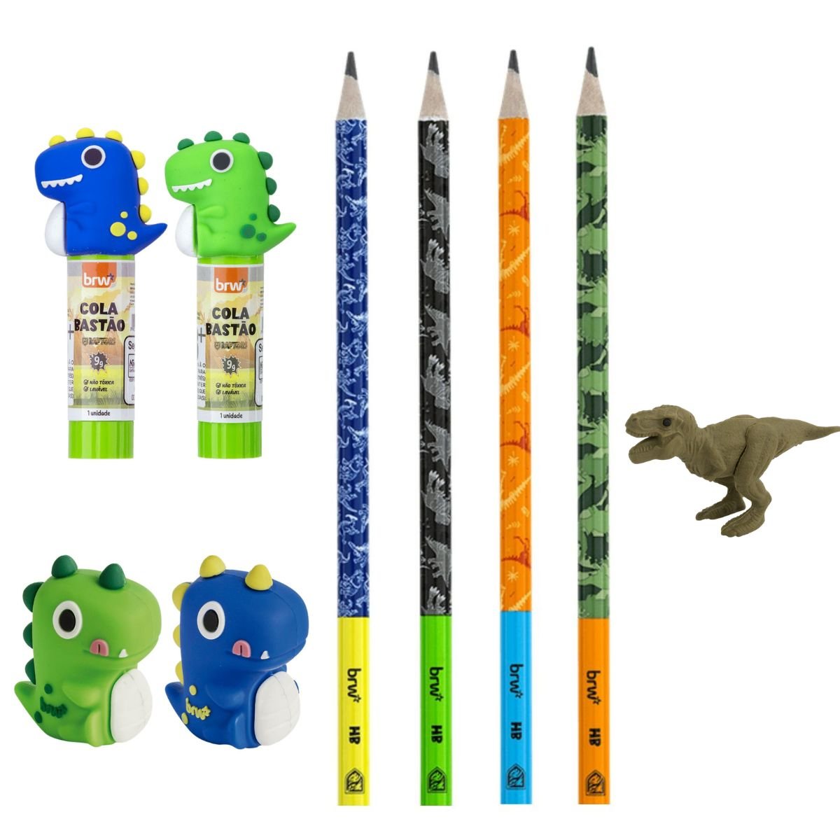 KIT ESCOLAR 6 PEÇAS TEMATICO DINOSSAURO LAPIS BORRACHA COLA E APONTADOR - BRW - Image 2