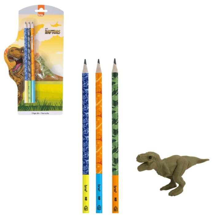 KIT ESCOLAR 6 PEÇAS TEMATICO DINOSSAURO LAPIS BORRACHA COLA E APONTADOR - BRW - Image 5
