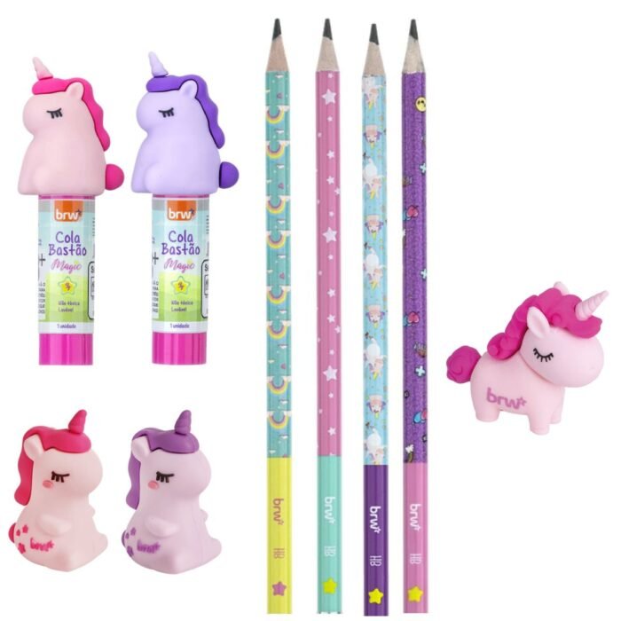 KIT ESCOLAR 6 PEÇAS TEMATICO UNICORNIO LAPIS BORRACHA COLA E APONTADOR - BRW - Image 2