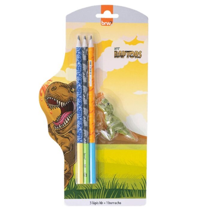 KIT ESCOLAR DINOSSAURO 3 LAPIS HB E 1 BORRACHA DIVERTIDA - BRW