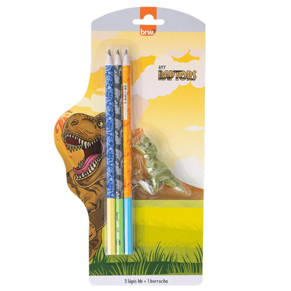 KIT ESCOLAR DINOSSAURO 3 LAPIS HB E 1 BORRACHA DIVERTIDA - BRW