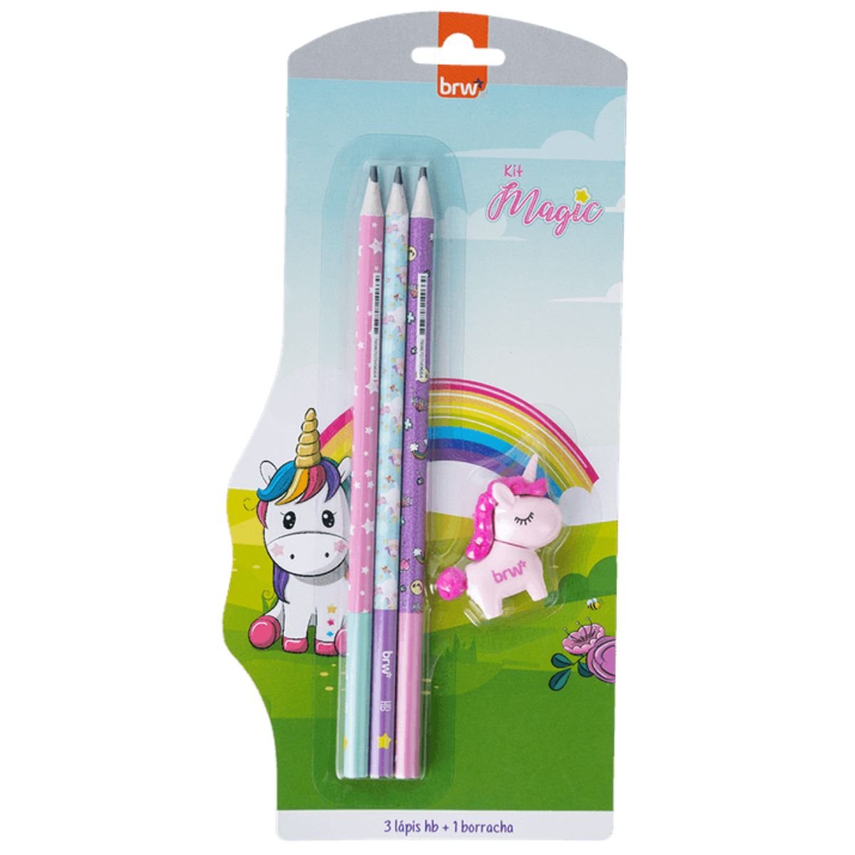 KIT ESCOLAR UNICORNIO 3 LAPIS HB E 1 BORRACHA DIVERTIDA - BRW