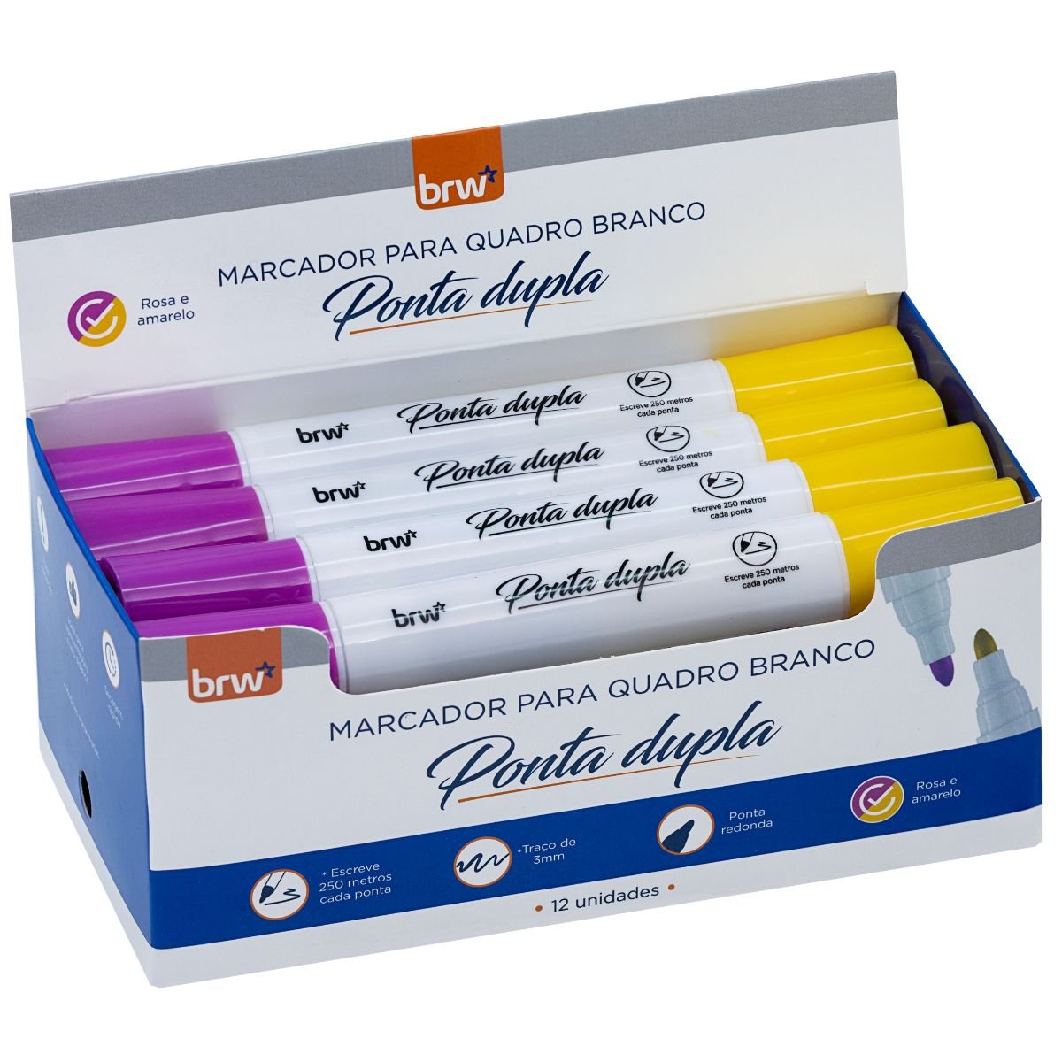 MARCADOR PINCEL PARA QUADRO BRANCO 2 EM 1 PONTA DUPLA ROSA E AMARELO CX 12 UNIDADES - BRW