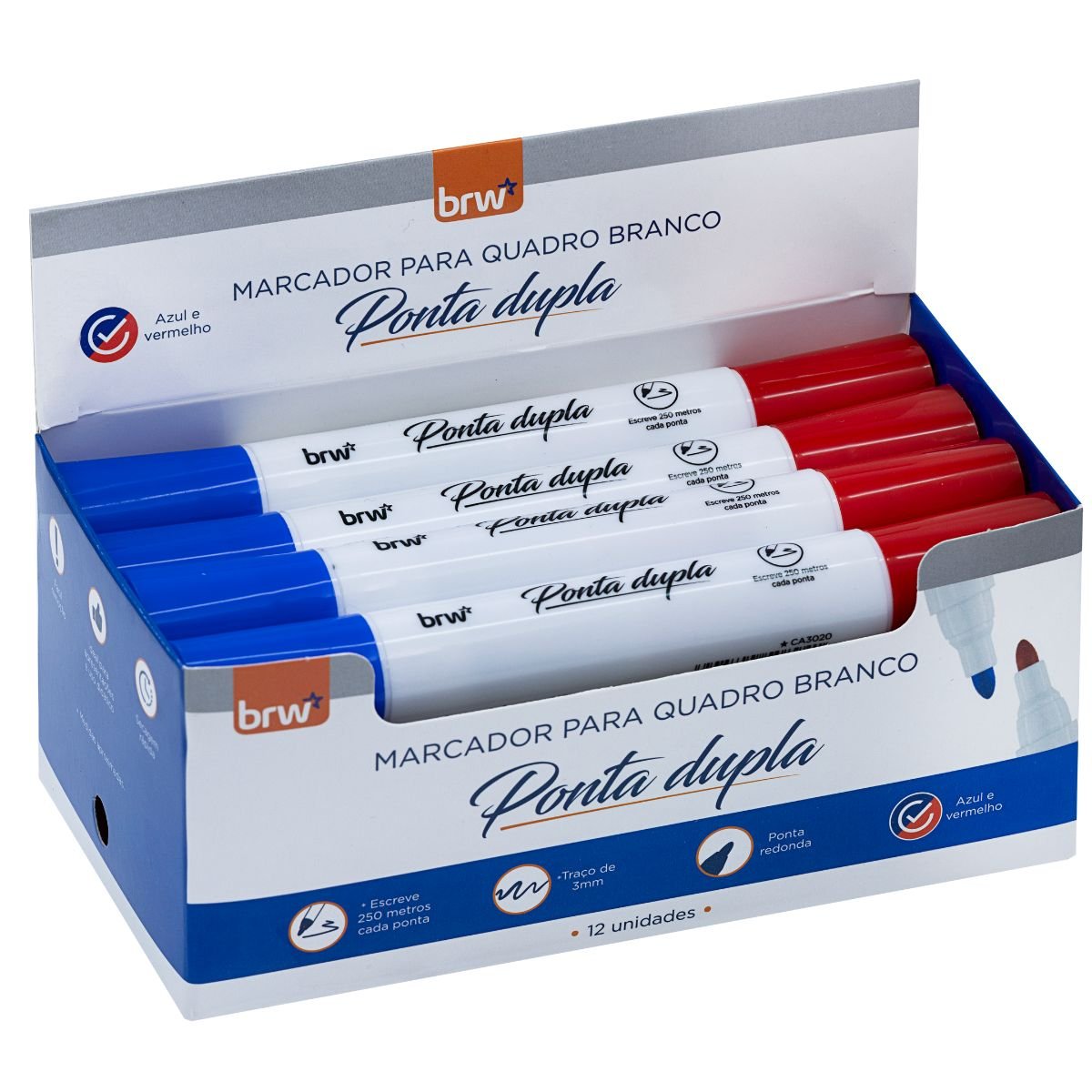 MARCADOR PINCEL PARA QUADRO BRANCO 2 EM 1 PONTA DUPLA VERMELHO E AZUL CX 12 UNIDADES - BRW