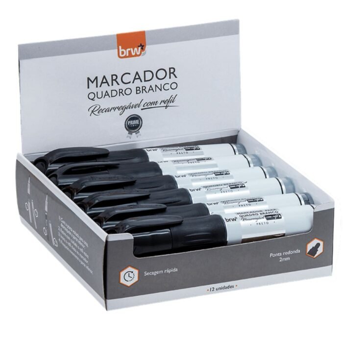 MARCADOR PINCEL PARA QUADRO BRANCO RECARREGAVEL COM CARTUCHO PRETO LINHA PRIME KIT 12 UNIDADES - BRW