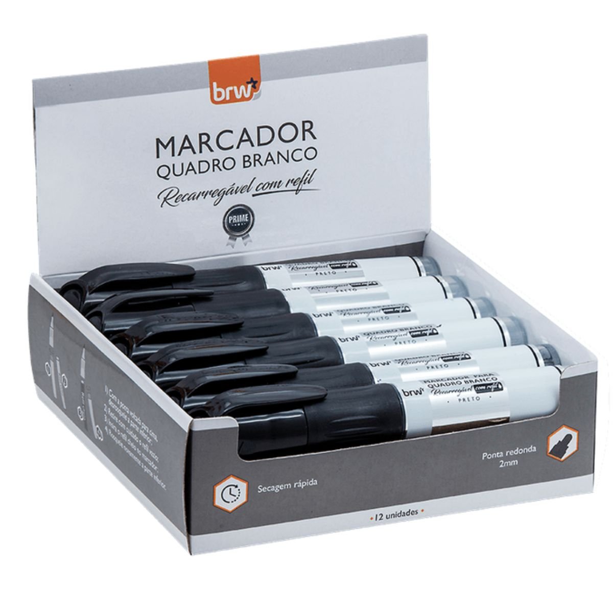 MARCADOR PINCEL PARA QUADRO BRANCO RECARREGAVEL COM CARTUCHO PRETO LINHA PRIME KIT 12 UNIDADES - BRW