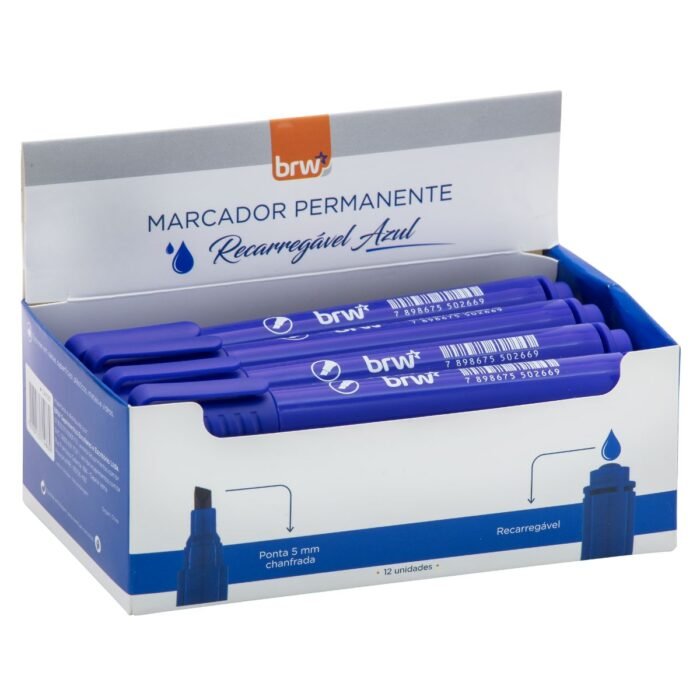 PINCEL ATOMICO MARCADOR PERMANENTE RECARREGAVEL MULTIUSO PONTA CHANFRADA AZUL CX 12 UNIDADES - BRW