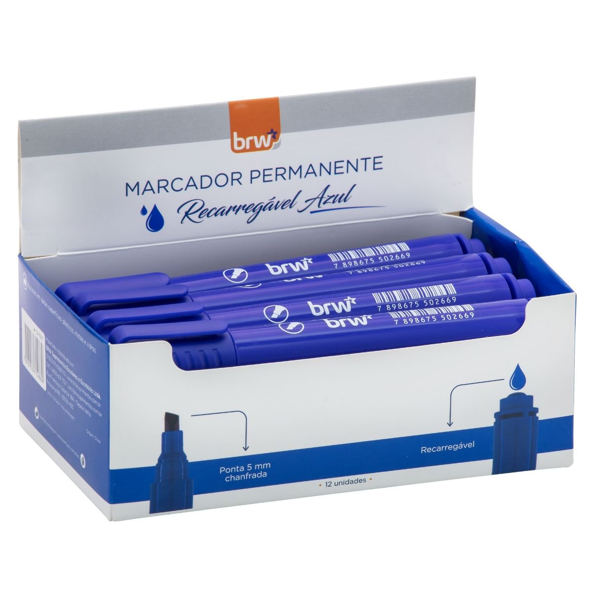 PINCEL ATOMICO MARCADOR PERMANENTE RECARREGAVEL MULTIUSO PONTA CHANFRADA AZUL CX 12 UNIDADES - BRW
