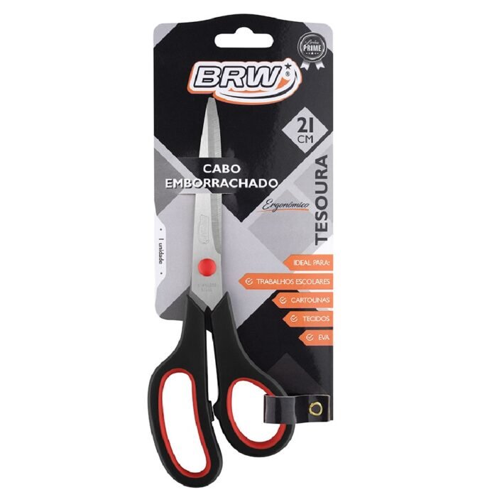 TESOURA DE AÇO INOX 21CM CABO EMBORRACHADO BLISTER COM 1 UNIDADE - BRW