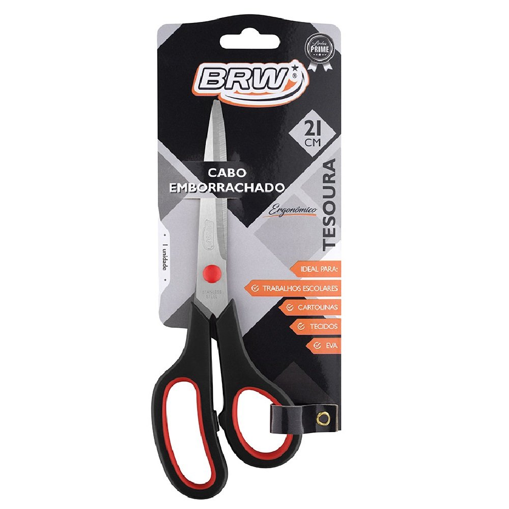 TESOURA DE AÇO INOX 21CM CABO EMBORRACHADO BLISTER COM 1 UNIDADE - BRW