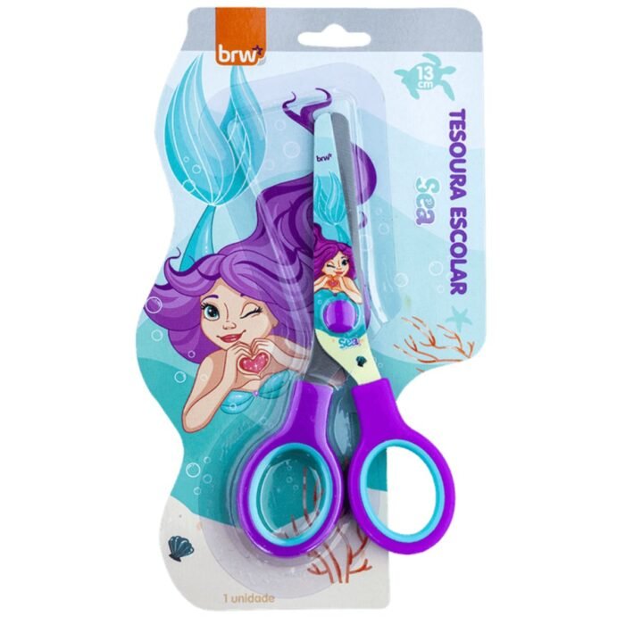 TESOURA ESCOLAR INFANTIL DECORADA SEREIA FUNDO DO MAR 13CM - BRW
