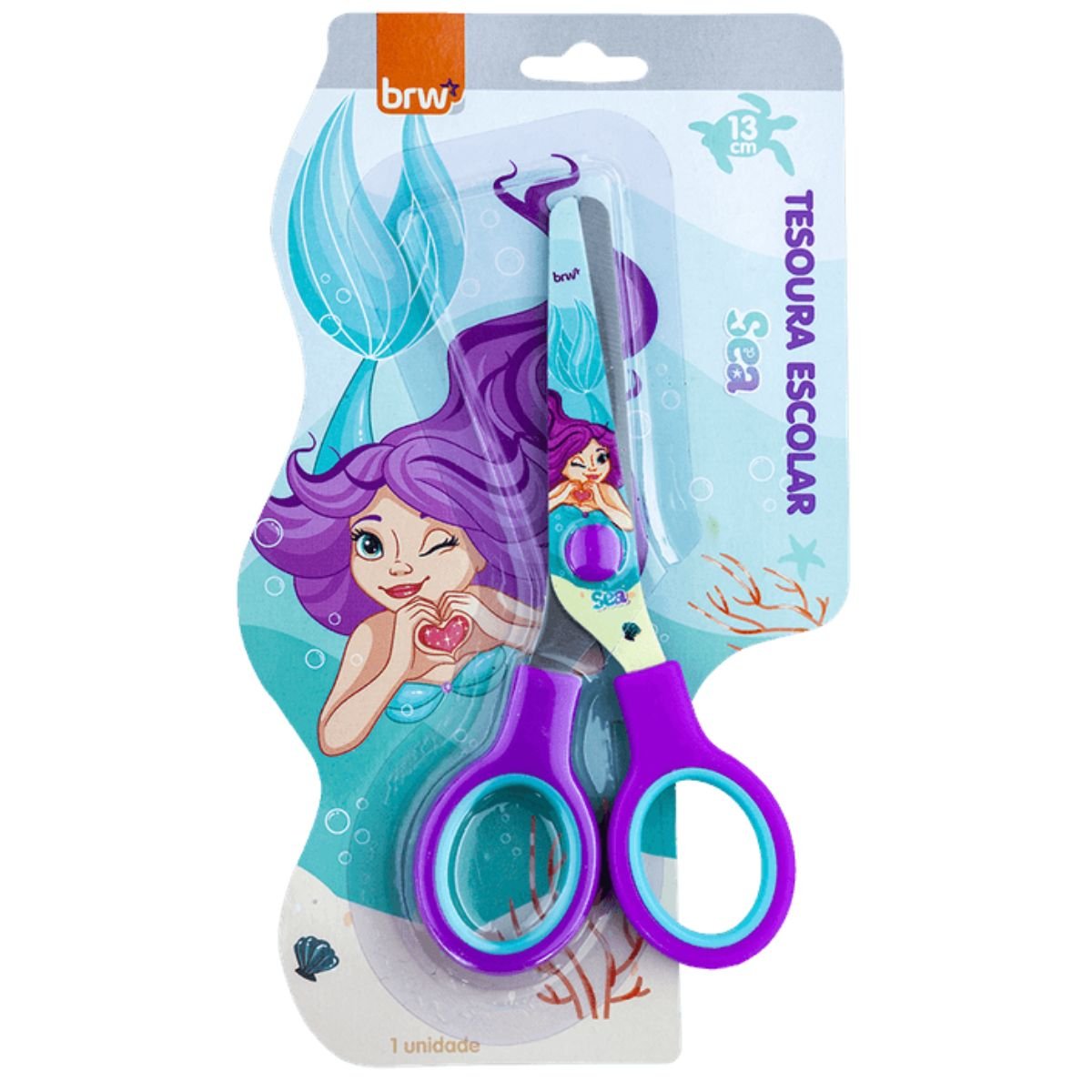 TESOURA ESCOLAR INFANTIL DECORADA SEREIA FUNDO DO MAR 13CM - BRW